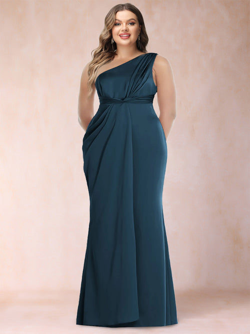 Sheath/Column One-Shoulder Ruched Floor-Length Plus Size Mother of the Bride Dresses with Ruffles