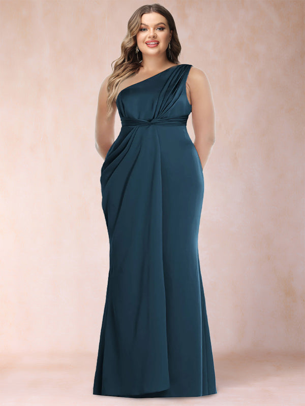 Sheath/Column One-Shoulder Ruched Floor-Length Plus Size Mother of the Bride Dresses with Ruffles