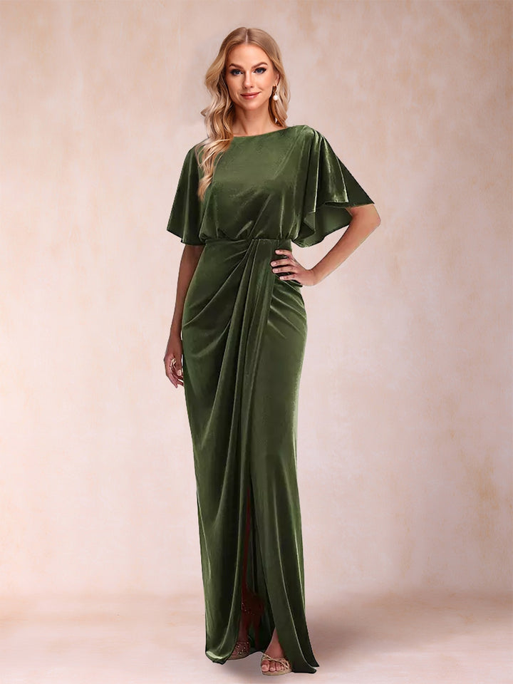 Sheath/Column Scoop Short Sleeves Evening Dresses with Split Side &amp; Ruffles