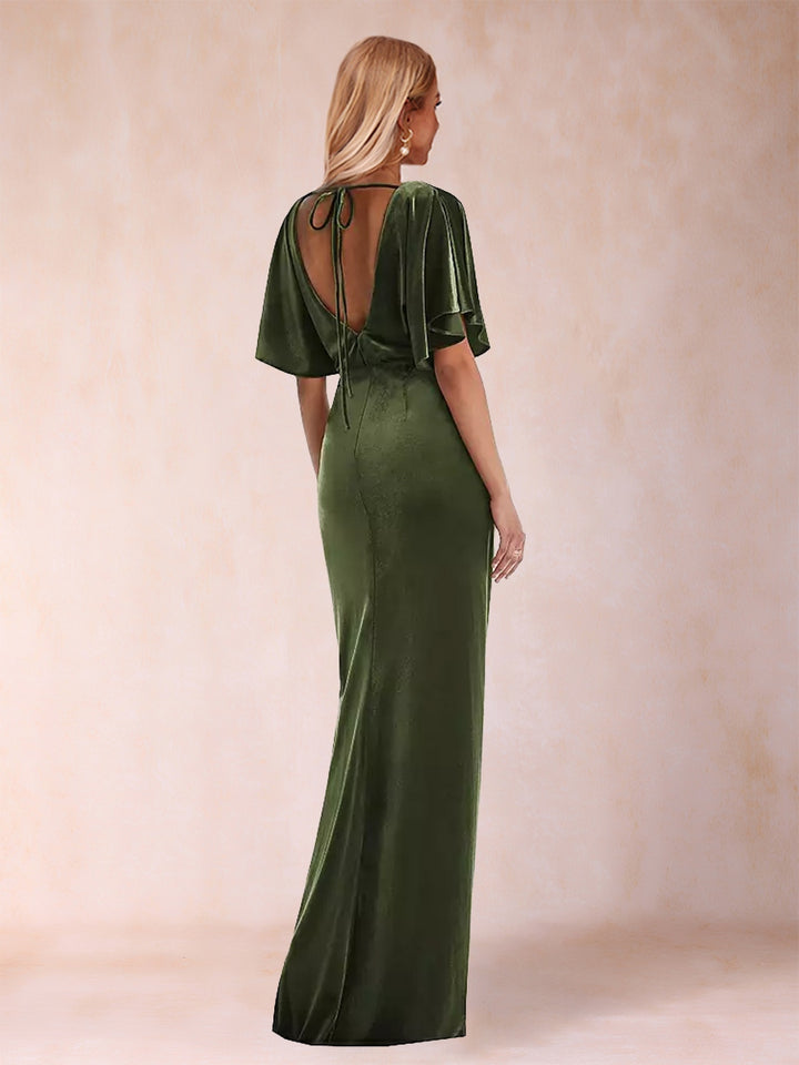 Sheath/Column Scoop Short Sleeves Evening Dresses with Split Side &amp; Ruffles