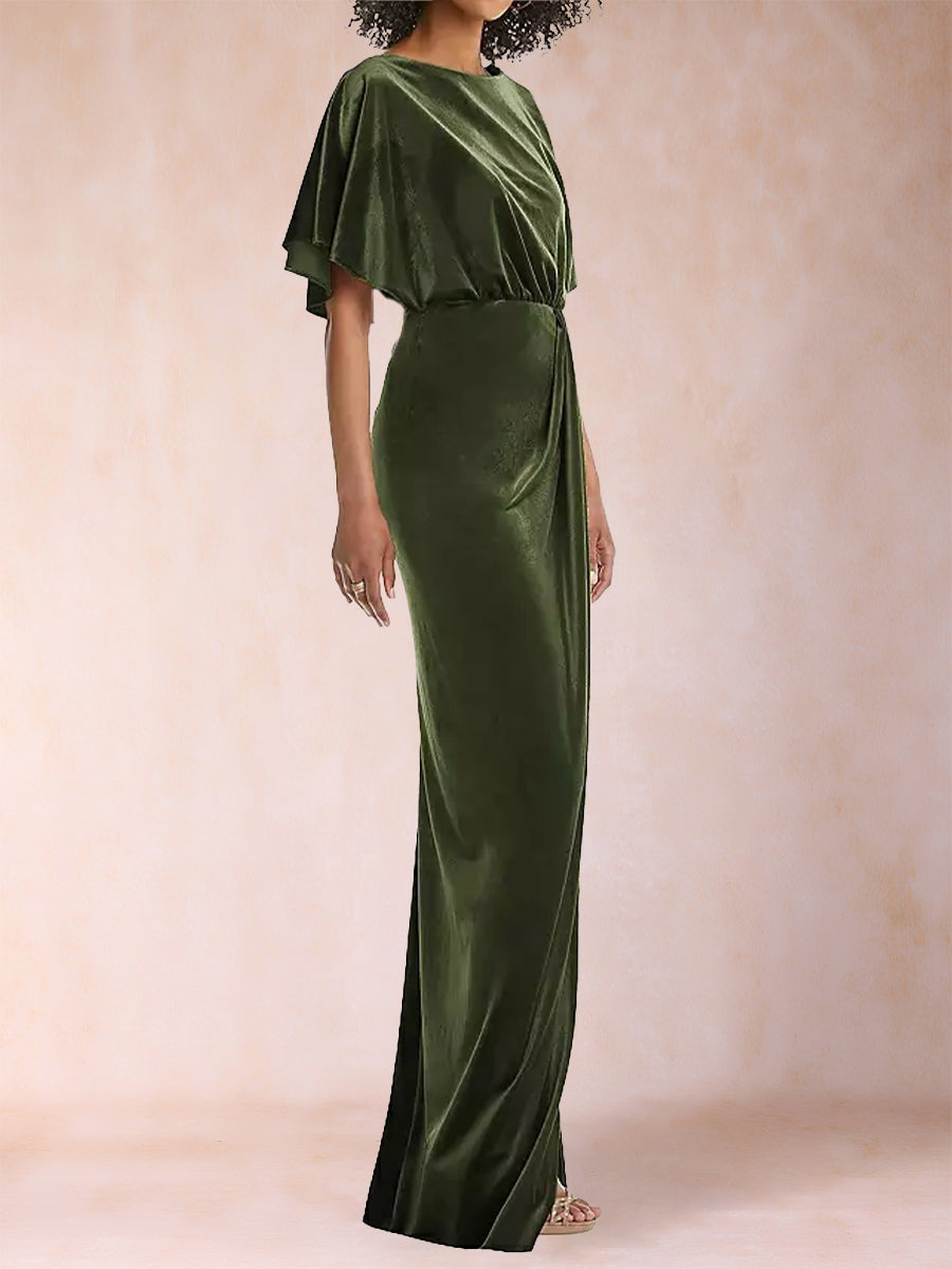 Sheath/Column Scoop Short Sleeves Evening Dresses with Split Side &amp; Ruffles