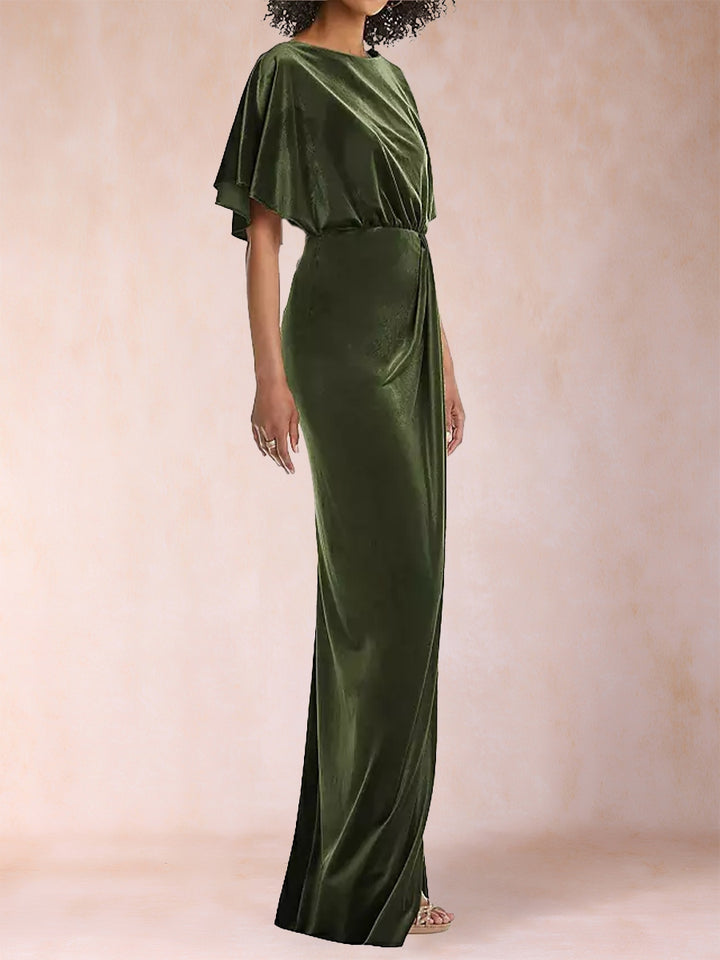 Sheath/Column Scoop Short Sleeves Evening Dresses with Split Side &amp; Ruffles