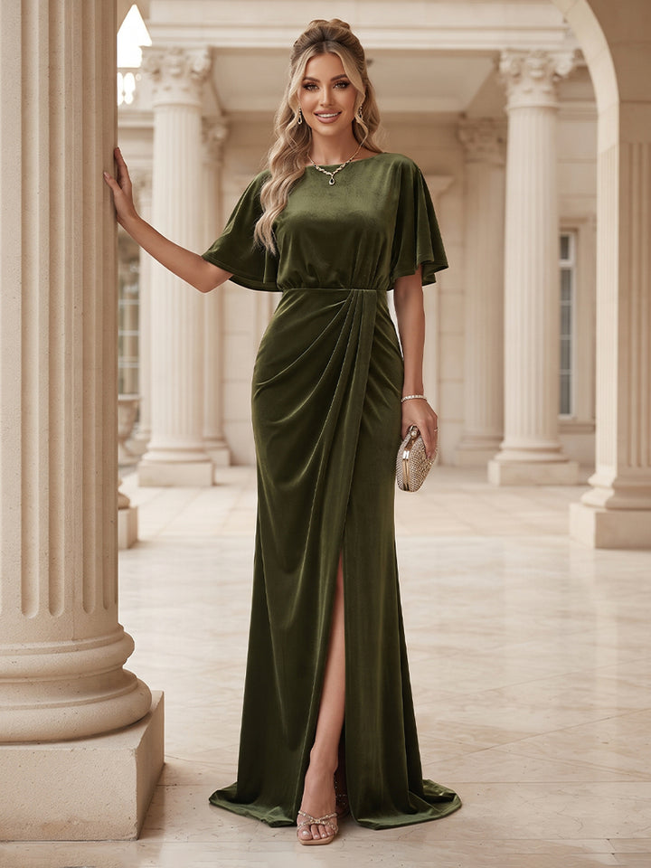 Sheath/Column Scoop Short Sleeves Velvet Floor-Length Formal Dresseswith Ruffles &amp; Split Side