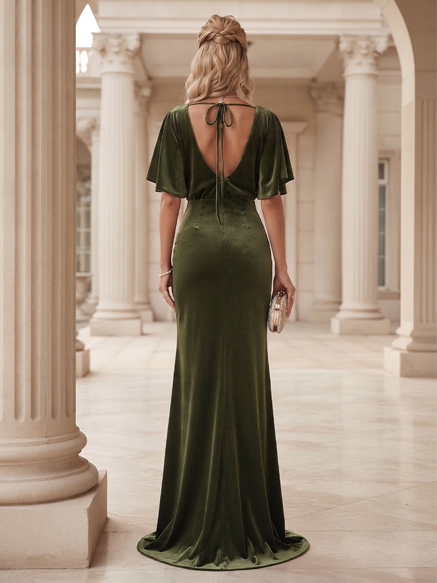 Sheath/Column Scoop Short Sleeves Velvet Floor-Length Formal Dresseswith Ruffles &amp; Split Side