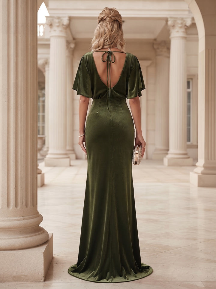 Sheath/Column Scoop Short Sleeves Velvet Floor-Length Formal Dresseswith Ruffles &amp; Split Side