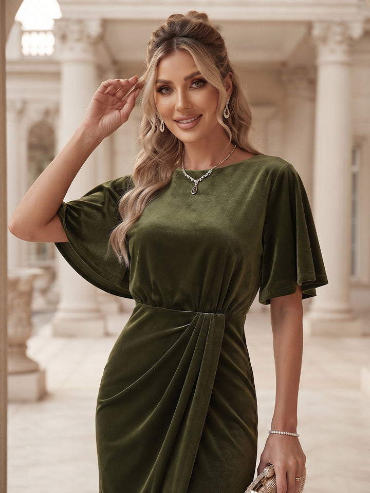 Sheath/Column Scoop Short Sleeves Velvet Floor-Length Formal Dresseswith Ruffles &amp; Split Side