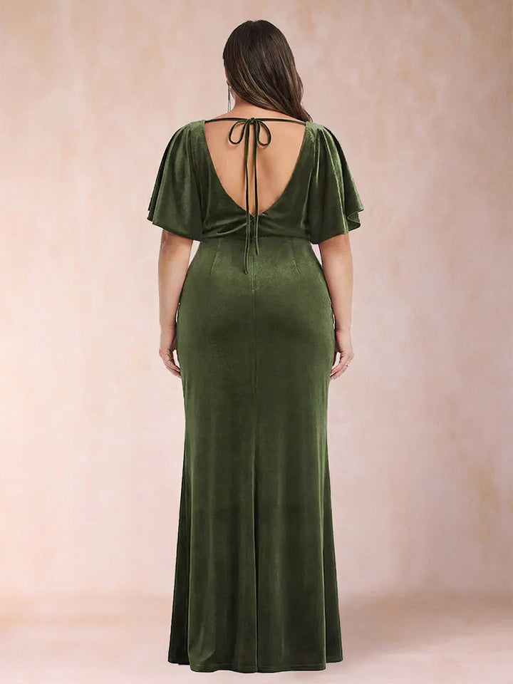 Sheath/Column Scoop Short Sleeves Plus Size Evening Dresses with Split Side &amp; Ruffles