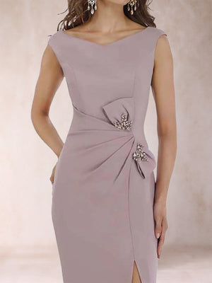 Sheath/Column V-Neck Sleeveless Ruched Mother of the Bride Dresses with Split Side & Bow(s)