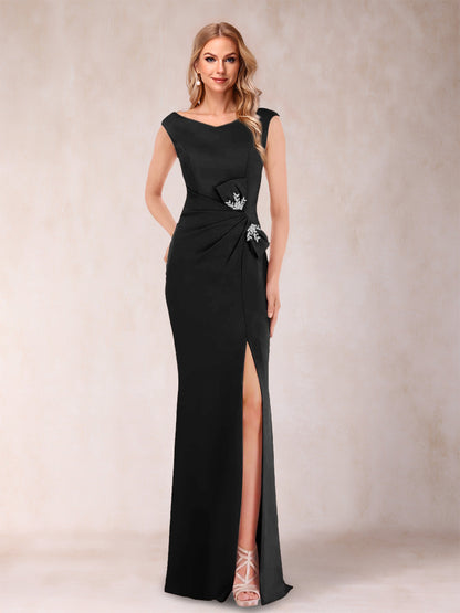 Sheath/Column V-Neck Sleeveless Ruched Evening Dresses with Split Side & Bow(s)
