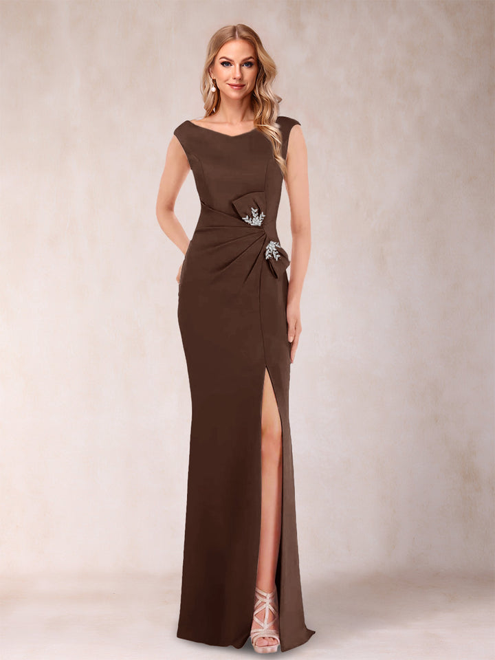 Sheath/Column V-Neck Sleeveless Ruched Mother of the Bride Dresses with Split Side &amp; Bow(s)