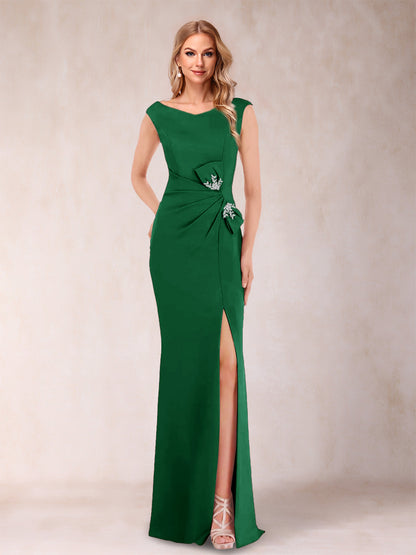 Sheath/Column V-Neck Sleeveless Ruched Evening Dresses with Split Side & Bow(s)