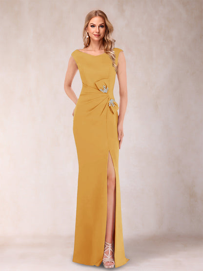 Sheath/Column V-Neck Sleeveless Ruched Evening Dresses with Split Side & Bow(s)