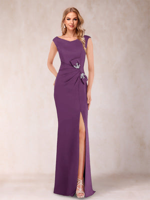 Sheath/Column V-Neck Sleeveless Ruched Mother of the Bride Dresses with Split Side & Bow(s)