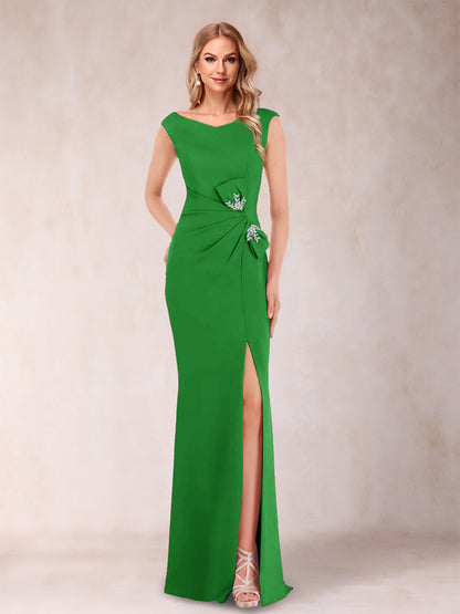 Sheath/Column V-Neck Sleeveless Ruched Evening Dresses with Split Side & Bow(s)