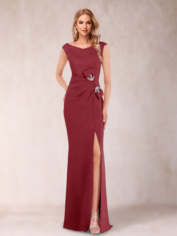 Sheath/Column V-Neck Sleeveless Ruched Mother of the Bride Dresses with Split Side & Bow(s)