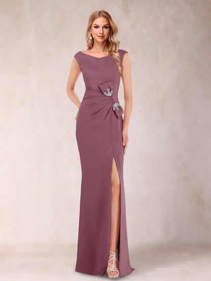 Sheath/Column V-Neck Sleeveless Ruched Evening Dresses with Split Side & Bow(s)