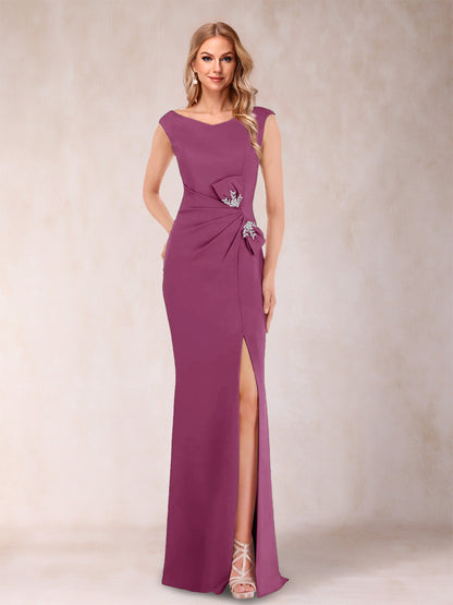 Sheath/Column V-Neck Sleeveless Ruched Evening Dresses with Split Side & Bow(s)