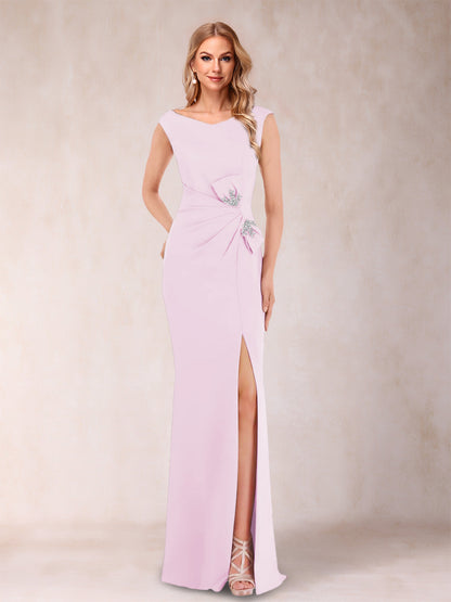 Sheath/Column V-Neck Sleeveless Ruched Evening Dresses with Split Side & Bow(s)