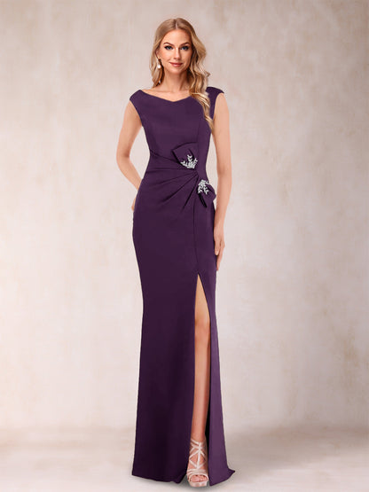 Sheath/Column V-Neck Sleeveless Ruched Evening Dresses with Split Side & Bow(s)