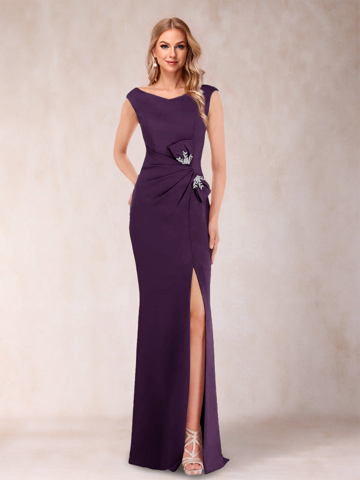 Sheath/Column V-Neck Sleeveless Ruched Mother of the Bride Dresses with Split Side &amp; Bow(s)