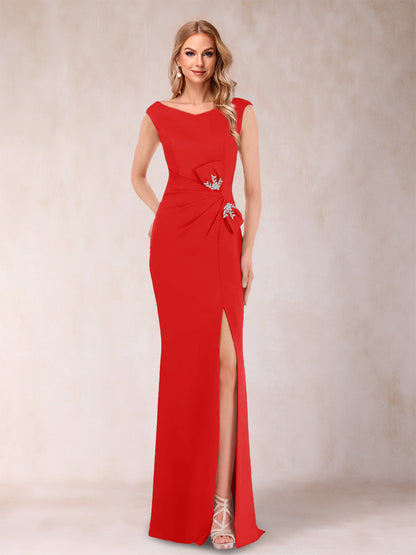 Sheath/Column V-Neck Sleeveless Ruched Evening Dresses with Split Side & Bow(s)