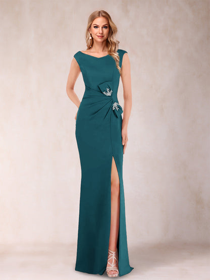 Sheath/Column V-Neck Sleeveless Ruched Evening Dresses with Split Side & Bow(s)