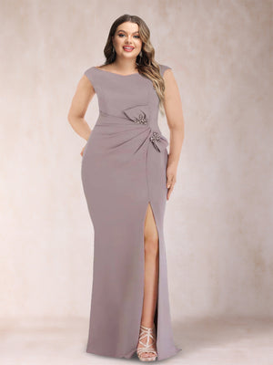 Sheath/Column V-Neck Sleeveless Ruched Plus Size Mother of the Bride Dresses with Split Side & Bow(s)