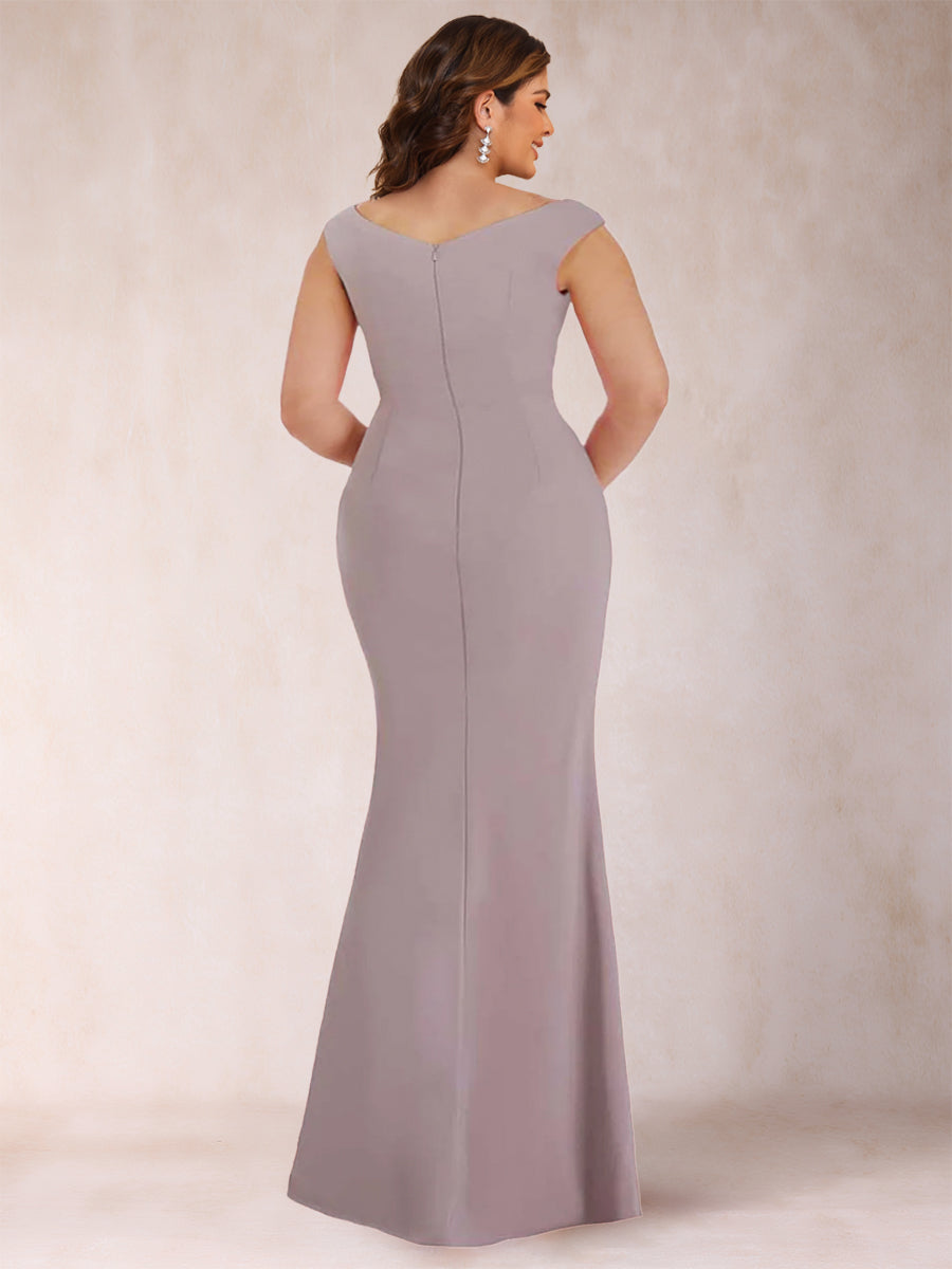 Sheath/Column V-Neck Sleeveless Ruched Plus Size Mother of the Bride Dresses with Split Side &amp; Bow(s)