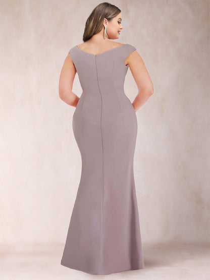 Sheath/Column V-Neck Sleeveless Ruched Plus Size Evening Dresses with Split Side & Bow(s)