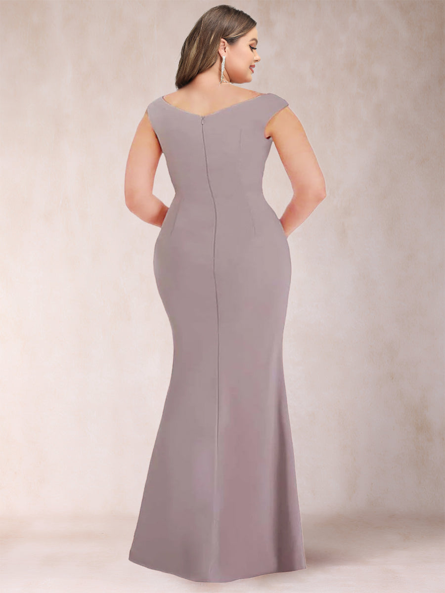 Sheath/Column V-Neck Sleeveless Ruched Plus Size Evening Dresses with Split Side & Bow(s)