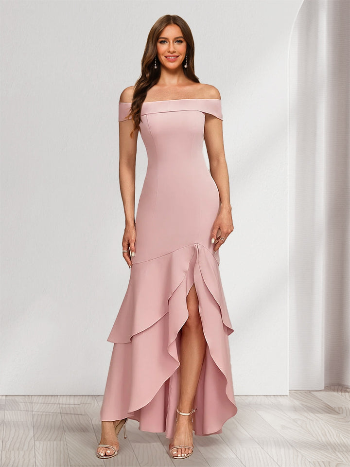 Trumpet/Mermaid Off-the-Shoulder Sleeveless Evening Dresses with Split Side &amp; Ruffles