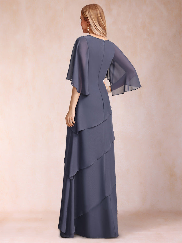A-Line/Princess Scoop Half Sleeves Mother of the Bride Dresses with Ruffles &amp; Beading