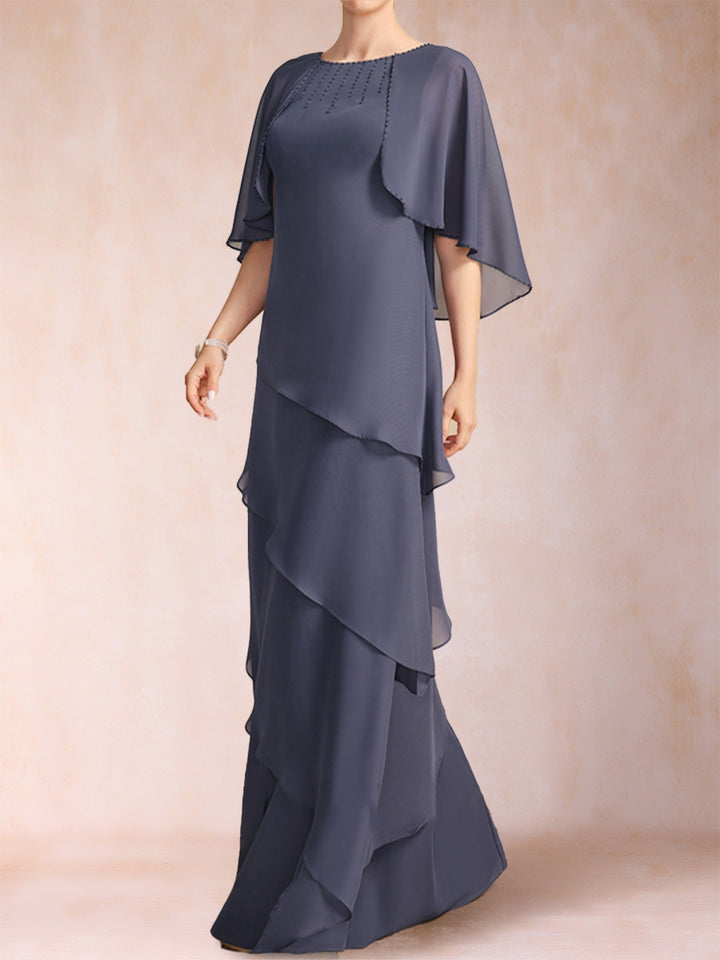 A-Line/Princess Scoop Half Sleeves Mother of the Bride Dresses with Ruffles &amp; Beading