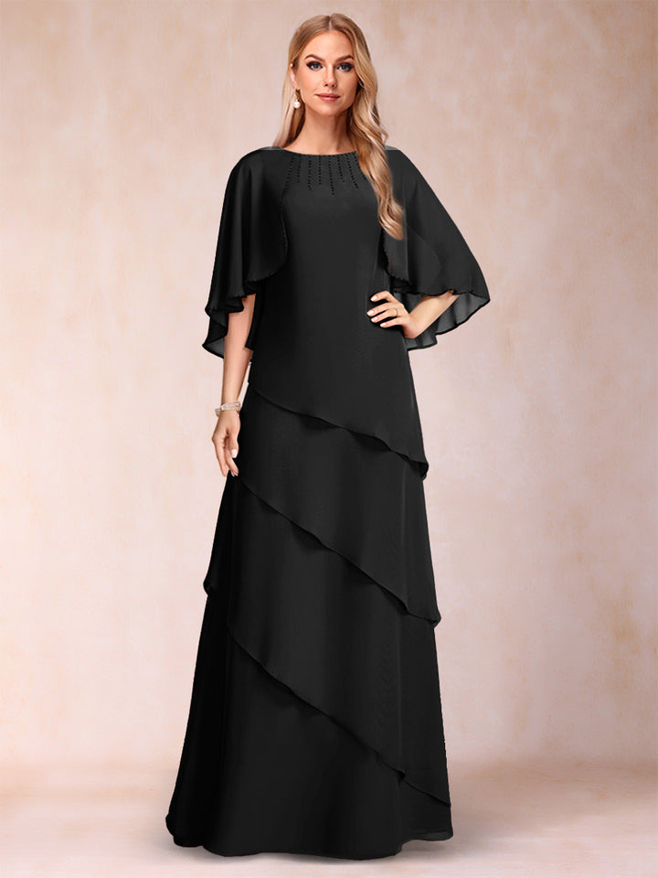 A-Line/Princess Scoop Half Sleeves Mother of the Bride Dresses with Ruffles &amp; Beading