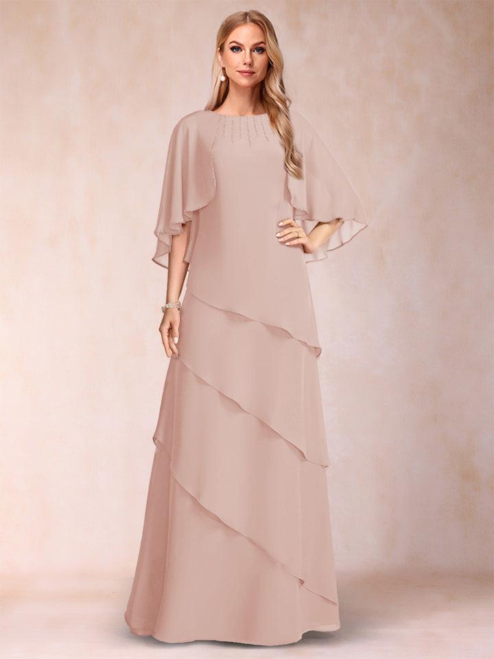 A-Line/Princess Scoop Half Sleeves Mother of the Bride Dresses with Ruffles &amp; Beading