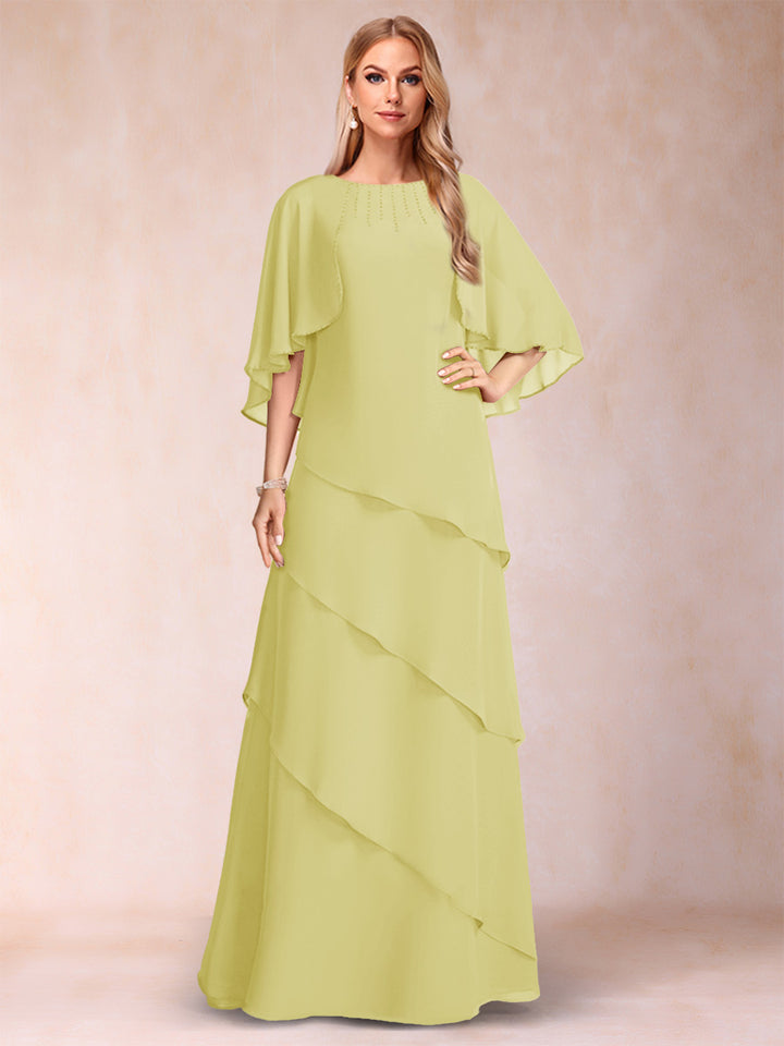 A-Line/Princess Scoop Half Sleeves Mother of the Bride Dresses with Ruffles &amp; Beading