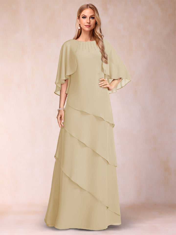 A-Line/Princess Scoop Half Sleeves Mother of the Bride Dresses with Ruffles &amp; Beading