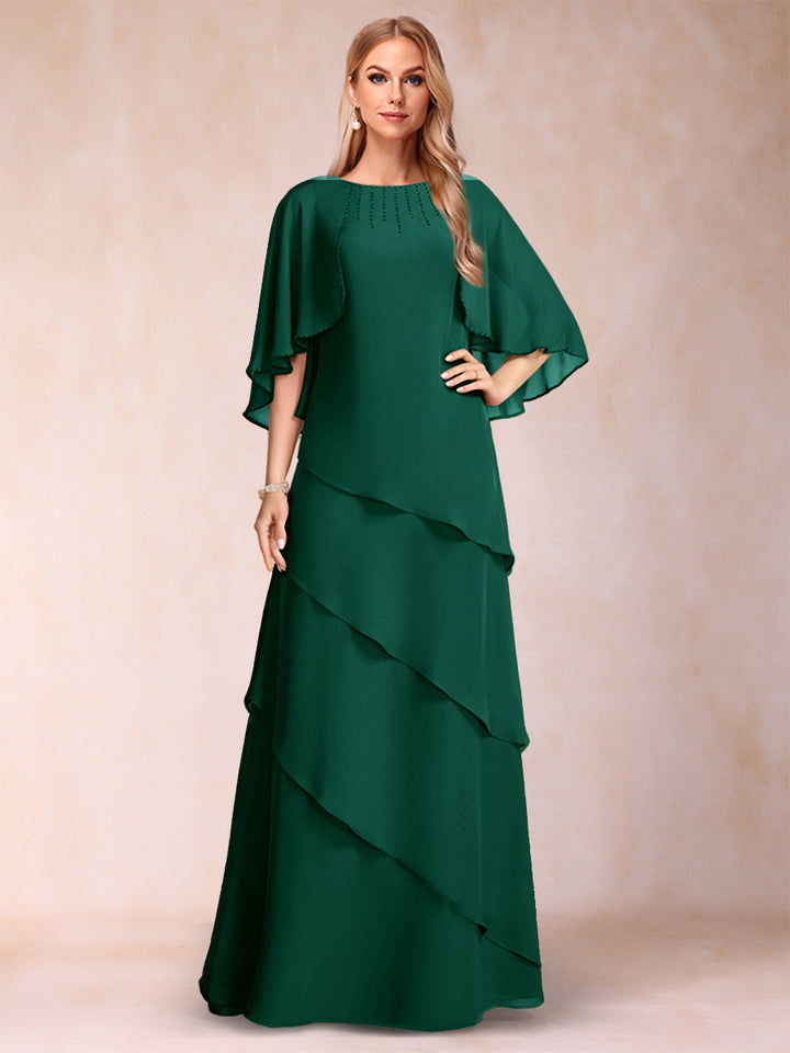 A-Line/Princess Scoop Half Sleeves Mother of the Bride Dresses with Ruffles &amp; Beading