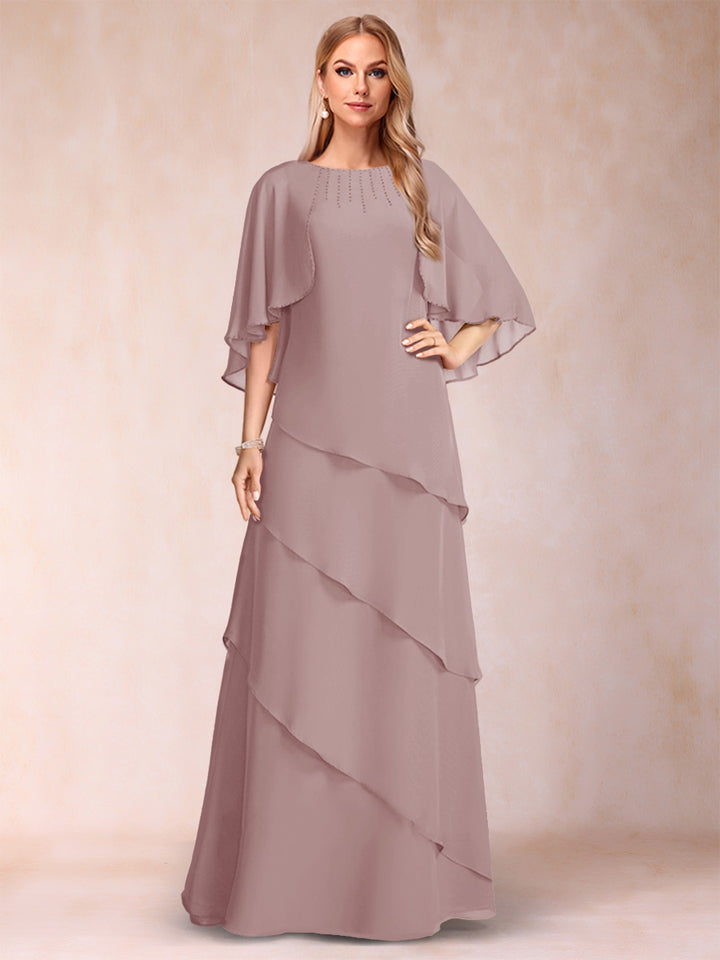 A-Line/Princess Scoop Half Sleeves Mother of the Bride Dresses with Ruffles &amp; Beading