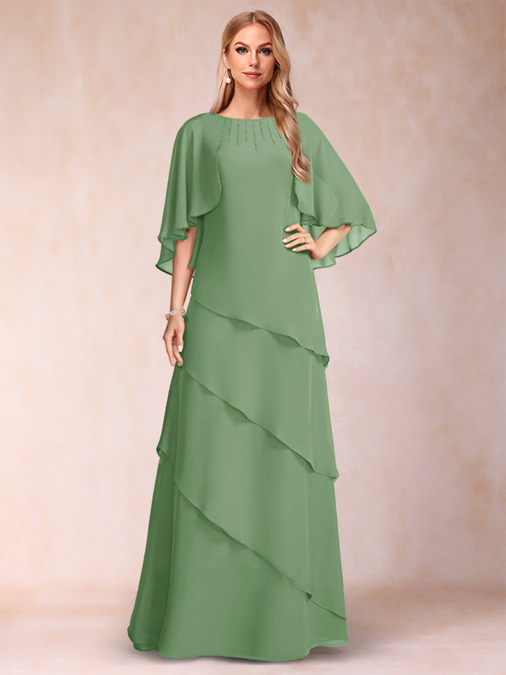 A-Line/Princess Scoop Half Sleeves Mother of the Bride Dresses with Ruffles &amp; Beading