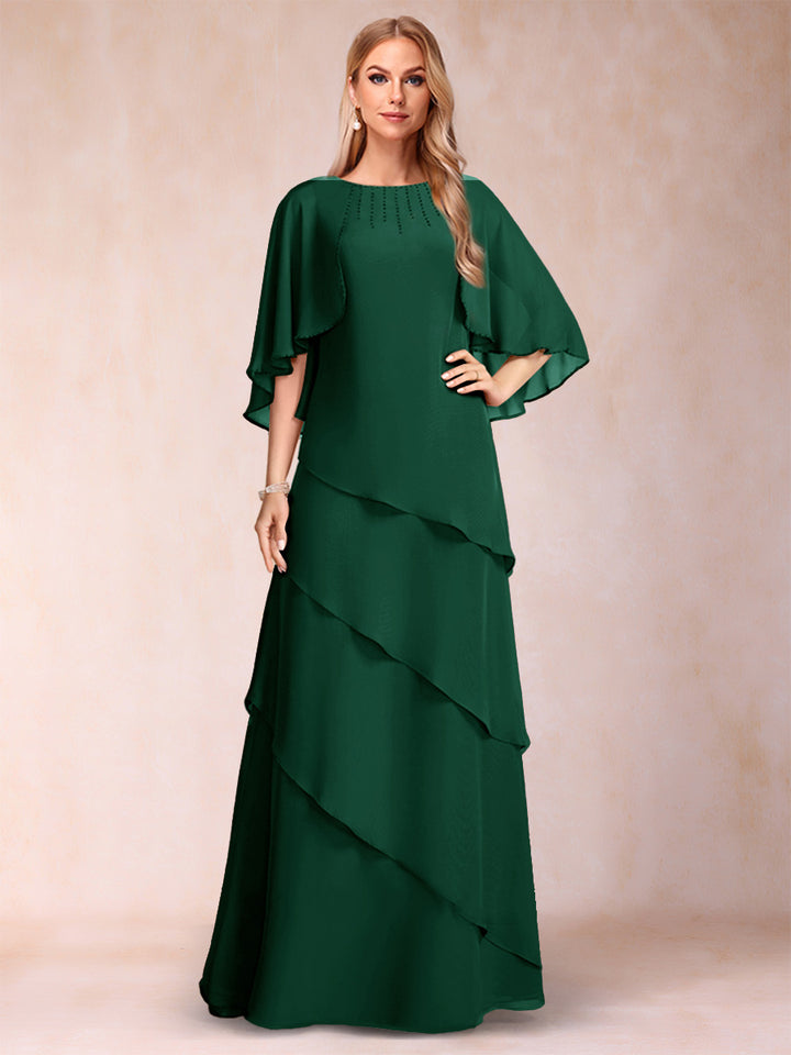 A-Line/Princess Scoop Half Sleeves Mother of the Bride Dresses with Ruffles &amp; Beading