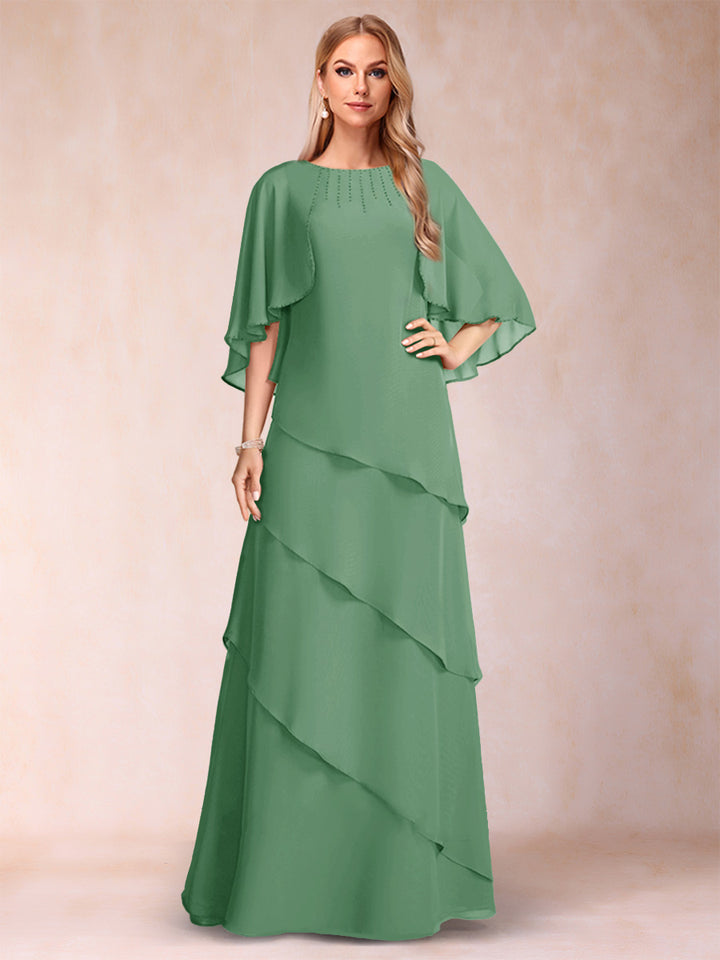 A-Line/Princess Scoop Half Sleeves Mother of the Bride Dresses with Ruffles &amp; Beading