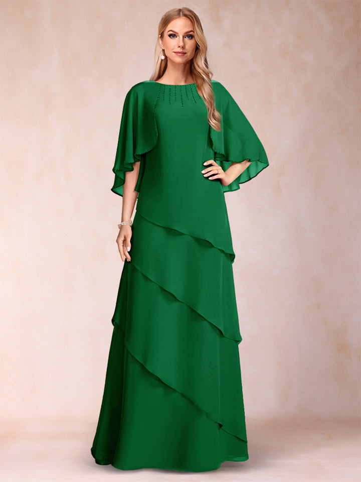 A-Line/Princess Scoop Half Sleeves Mother of the Bride Dresses with Ruffles &amp; Beading