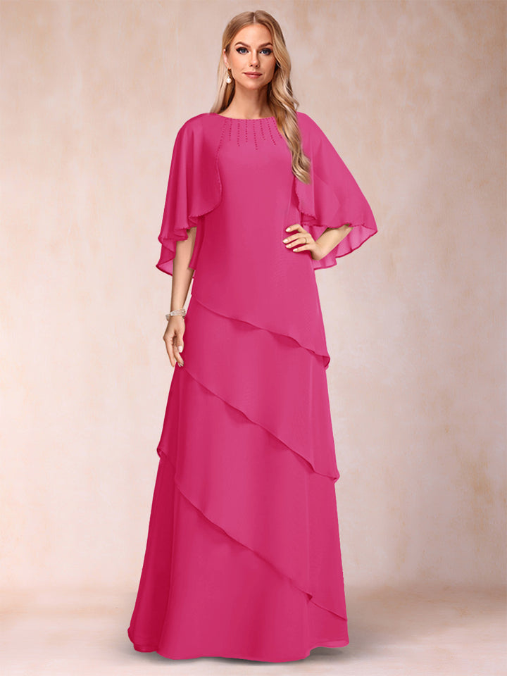 A-Line/Princess Scoop Half Sleeves Mother of the Bride Dresses with Ruffles &amp; Beading