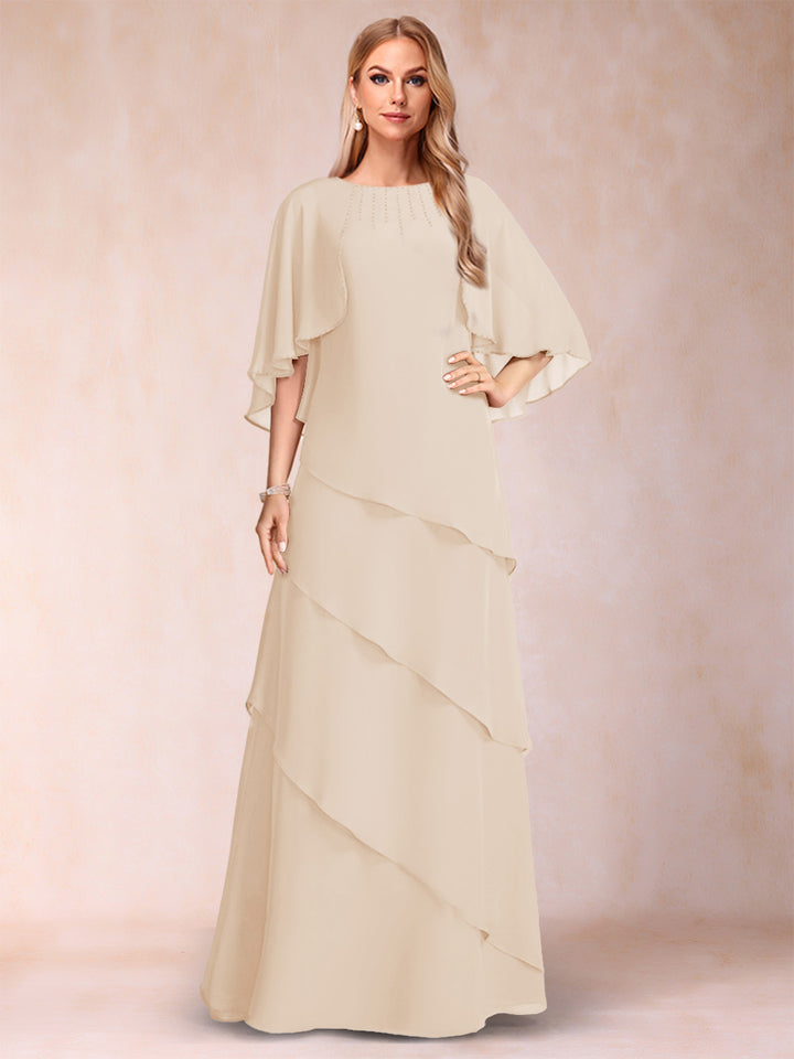 A-Line/Princess Scoop Half Sleeves Mother of the Bride Dresses with Ruffles &amp; Beading