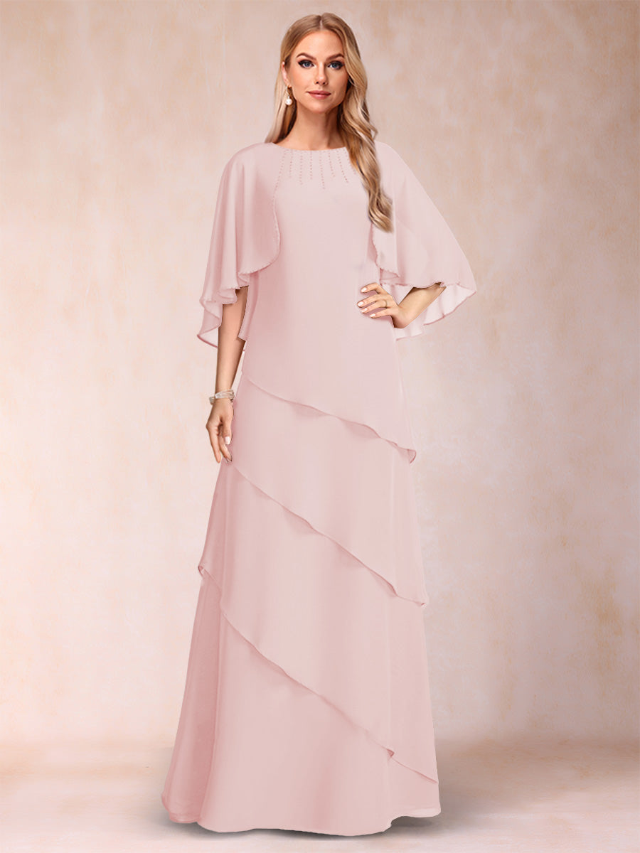 A-Line/Princess Scoop Half Sleeves Mother of the Bride Dresses with Ruffles &amp; Beading