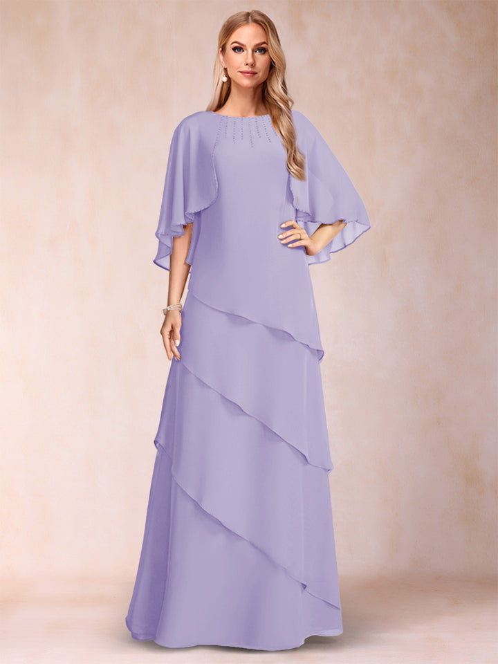 A-Line/Princess Scoop Half Sleeves Mother of the Bride Dresses with Ruffles &amp; Beading