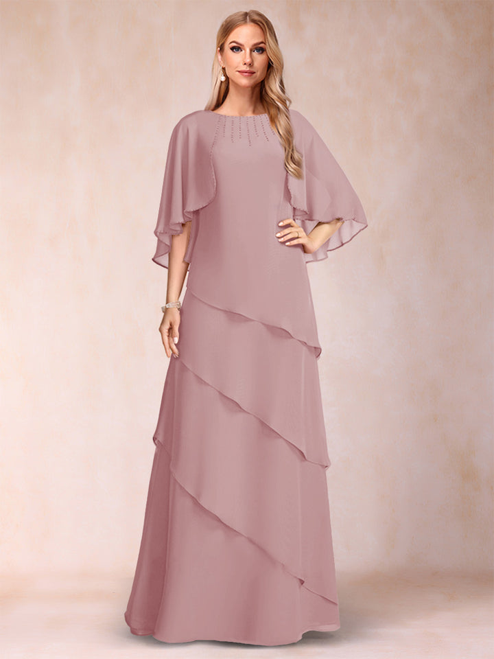A-Line/Princess Scoop Half Sleeves Mother of the Bride Dresses with Ruffles &amp; Beading