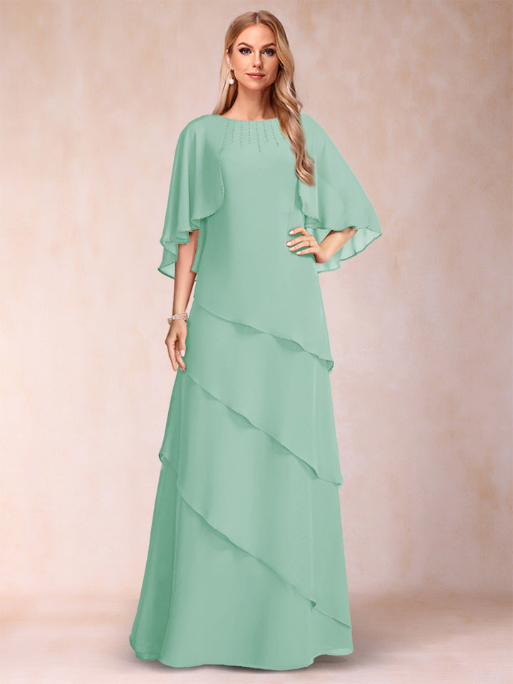 A-Line/Princess Scoop Half Sleeves Mother of the Bride Dresses with Ruffles &amp; Beading