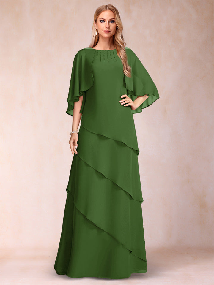 A-Line/Princess Scoop Half Sleeves Mother of the Bride Dresses with Ruffles &amp; Beading